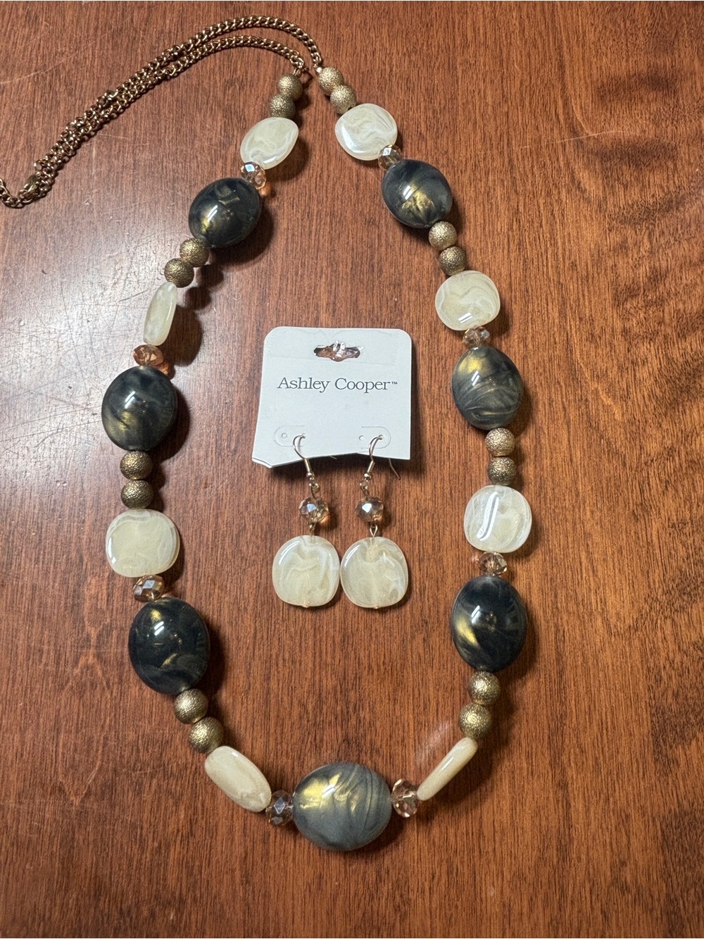 Ashley Cooper Gray, Cream and Gold Beaded Necklace with Matching Earrings